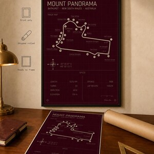 May include: Framed Mount Panorama race track map print in burgundy with white detailing. The print includes track specs, coordinates, and a compass rose. A rolled print and a ready-to-frame option are also shown.