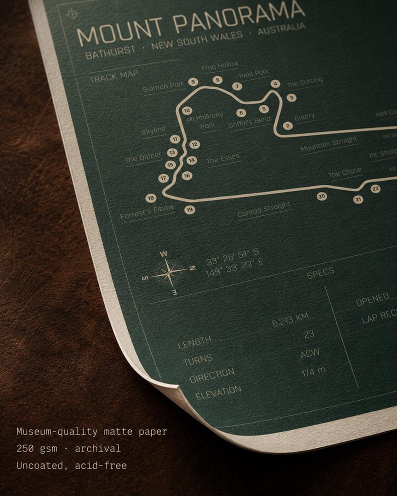 May include: A dark green print of the Mount Panorama race track in Bathurst, Australia. The track map includes labeled turns and geographical coordinates. The print is on museum-quality matte paper with archival properties.