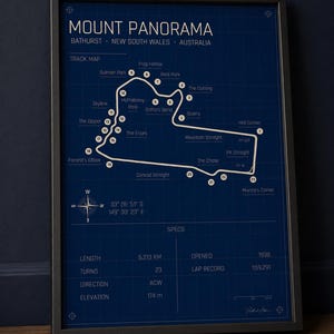 May include: A framed Mount Panorama track map poster. The dark blue print features the track layout with labeled turns and key locations. Includes specs: 6.213 km length, 23 turns, and opened in 1938. The frame is black.