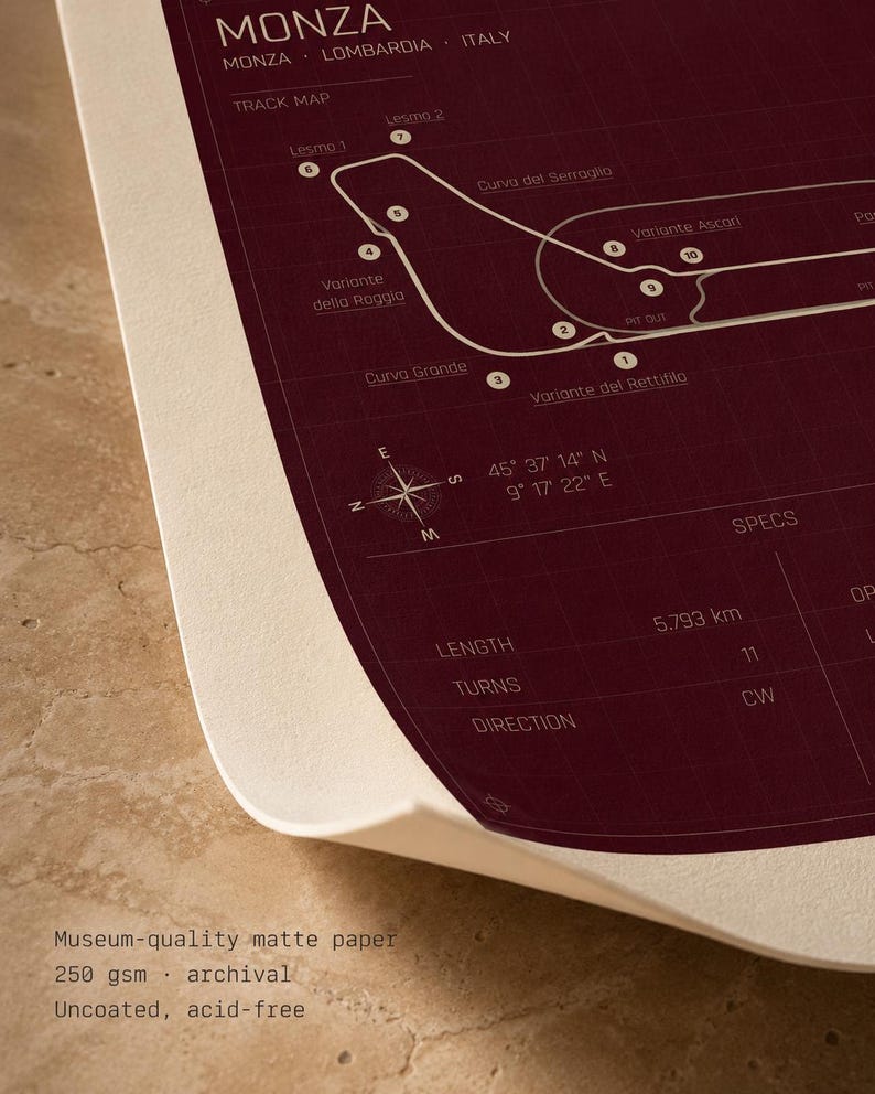 Op de afbeelding: Een gedetailleerde kaart van het Monza circuit in Itali&euml;, gedrukt op mat papier. De kaart toont de lay-out van de baan, gemarkeerde bochten en geografische co&ouml;rdinaten. De tekst bevat "MONZA", "TRACK MAP" en technische specificaties.