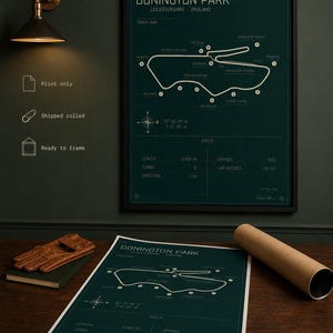 Op de afbeelding: Een ingelijste Donington Park circuitkaart print in donkergroen, met witte details. De print bevat circuitspecificaties en is klaar om in te lijsten. Een tweede print en een opgerolde koker zijn ook zichtbaar.