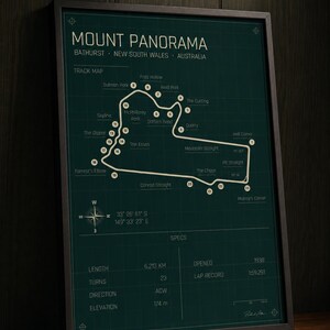 May include: A framed Mount Panorama track map, Bathurst, New South Wales, Australia. The dark green map features the track layout with labeled turns and key locations. Includes specs: 6.213 km length, 23 turns, and opened in 1938.