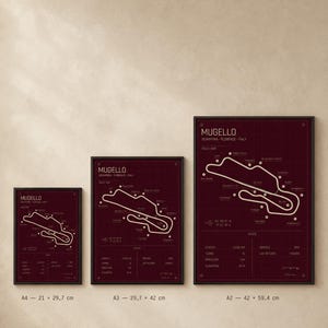 May include: Three framed Mugello race track maps in varying sizes. The maps are in a dark red color with white track outlines and text. The sizes are A4 (8.3 x 11.7 inches), A3 (11.7 x 16.5 inches), and A2 (16.5 x 23.4 inches).
