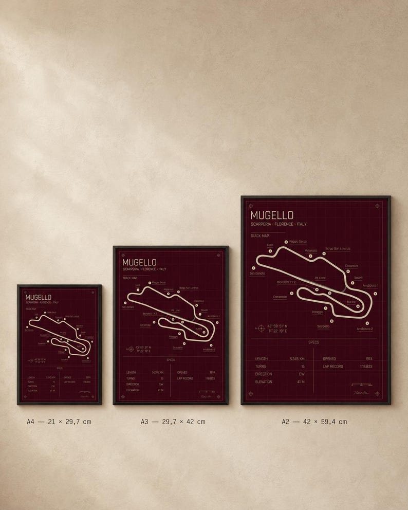 May include: Three framed Mugello race track maps in varying sizes. The maps are in a dark red color with white track outlines and text. The sizes are A4 (8.3 x 11.7 inches), A3 (11.7 x 16.5 inches), and A2 (16.5 x 23.4 inches).