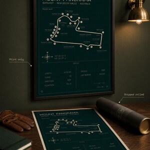 May include: A framed Mount Panorama track map print in dark teal with white detailing. The print includes track features, specs, and the text "Mount Panorama Bathurst New South Wales Australia". A rolled print and a leather glove are also visible.