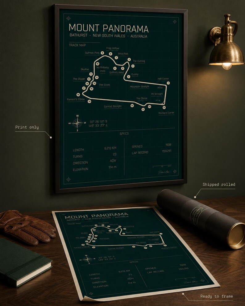 May include: A framed Mount Panorama track map print in dark teal with white detailing. The print includes track features, specs, and the text "Mount Panorama Bathurst New South Wales Australia". A rolled print and a leather glove are also visible.