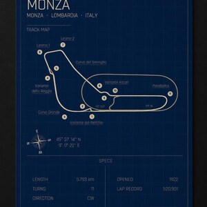 Op de afbeelding: Een donkerblauwe poster met een witte plattegrond van het Monza circuit in Itali&euml;. De kaart toont de bochten en kenmerken van het circuit. Specificaties zoals de lengte (5,793 km) en het openingsjaar (1922) zijn ook opgenomen.