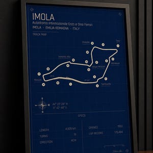 May include: Framed print of the Imola race track map, featuring the Autodromo Internazionale Enzo e Dino Ferrari in Italy. The track layout is white on a dark blue background, with labeled turns and specs including the 4.909 km length and 19 turns.