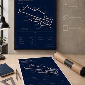 May include: A framed blue print of the Mugello race track in Scarperia, Florence, Italy. The track map is white, with details including length, turns, and elevation. A rolled print and drafting tools are also visible.