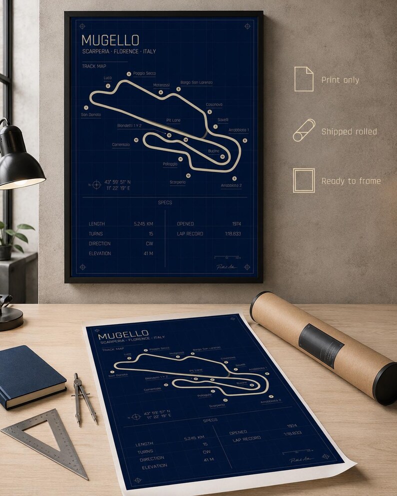 May include: A framed blue print of the Mugello race track in Scarperia, Florence, Italy. The track map is white, with details including length, turns, and elevation. A rolled print and drafting tools are also visible.