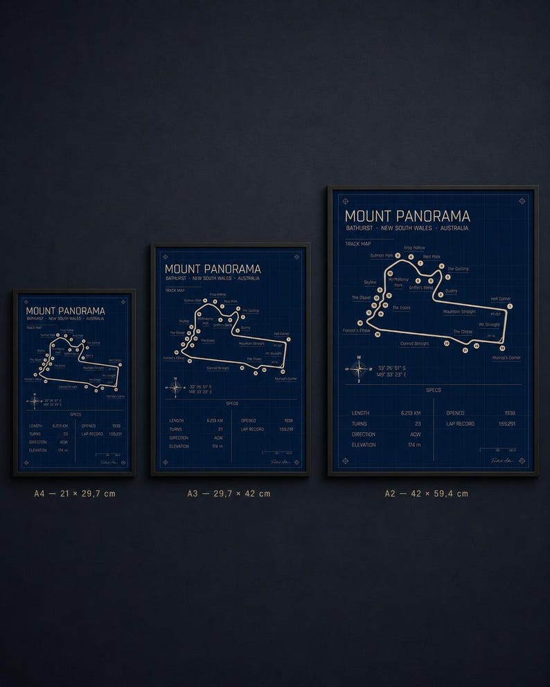 May include: Three framed Mount Panorama track maps in varying sizes. The maps are in white on a dark blue background. The smallest is 8.3 x 11.7 inches, the middle is 11.7 x 16.5 inches, and the largest is 16.5 x 23.4 inches.