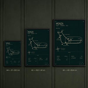Op de afbeelding: Drie ingelijste prints van de Monza racecircuitkaart. De prints hebben een donkergroene achtergrond met een witte circuitindeling en tekst. De maten zijn A4 (21 x 29,7 cm), A3 (29,7 x 42 cm) en A2 (42 x 59,4 cm).