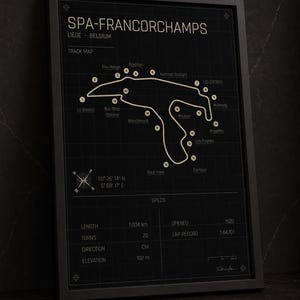 Pode incluir: Mapa da pista de Spa-Francorchamps com moldura preta. O mapa mostra o tra&ccedil;ado da pista com as curvas principais rotuladas. O texto inclui as especifica&ccedil;&otilde;es da pista: 7,004 km de comprimento, 20 curvas e 102 m de eleva&ccedil;&atilde;o. O texto "Frame not included" est&aacute; na parte inferior.