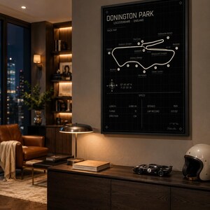 Op de afbeelding: Een zwart-wit afdruk van het Donington Park circuit in Leicestershire, Engeland. De afdruk toont een circuitkaart en specificaties. De afdruk hangt in een moderne woonkamer met houten meubels.