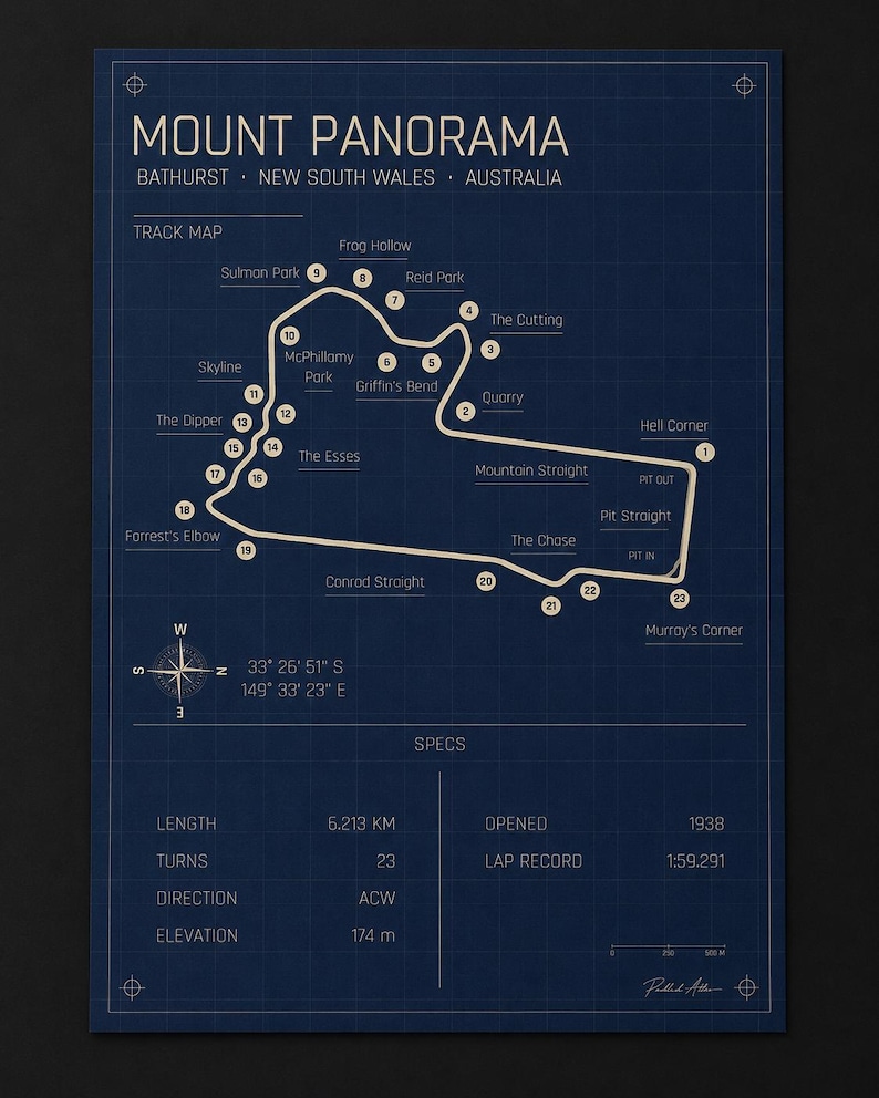 May include: A blueprint-style poster of the Mount Panorama race track in Bathurst, New South Wales, Australia. The track map is white on a dark blue background, with labeled turns and straights. The poster includes track specs: 6.213 km length, 23 turns, and opened in 1938.