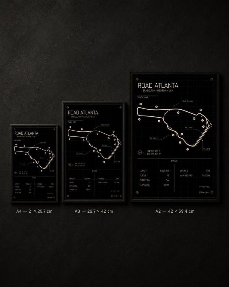 May include: Three framed black and white prints of the Road Atlanta race track map. The prints are labeled A4 (8.3 x 11.7 inches), A3 (11.7 x 16.5 inches), and A2 (16.5 x 23.4 inches). Each print includes track details.