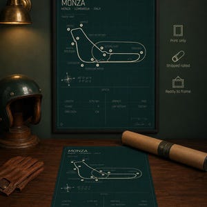 Op de afbeelding: Een ingelijste en opgerolde print van het Monza-racecircuit in Itali&euml;, met een circuitkaart en specificaties. De tekst bevat "MONZA" en "TRACK MAP". De lengte van het circuit is 5,793 km.