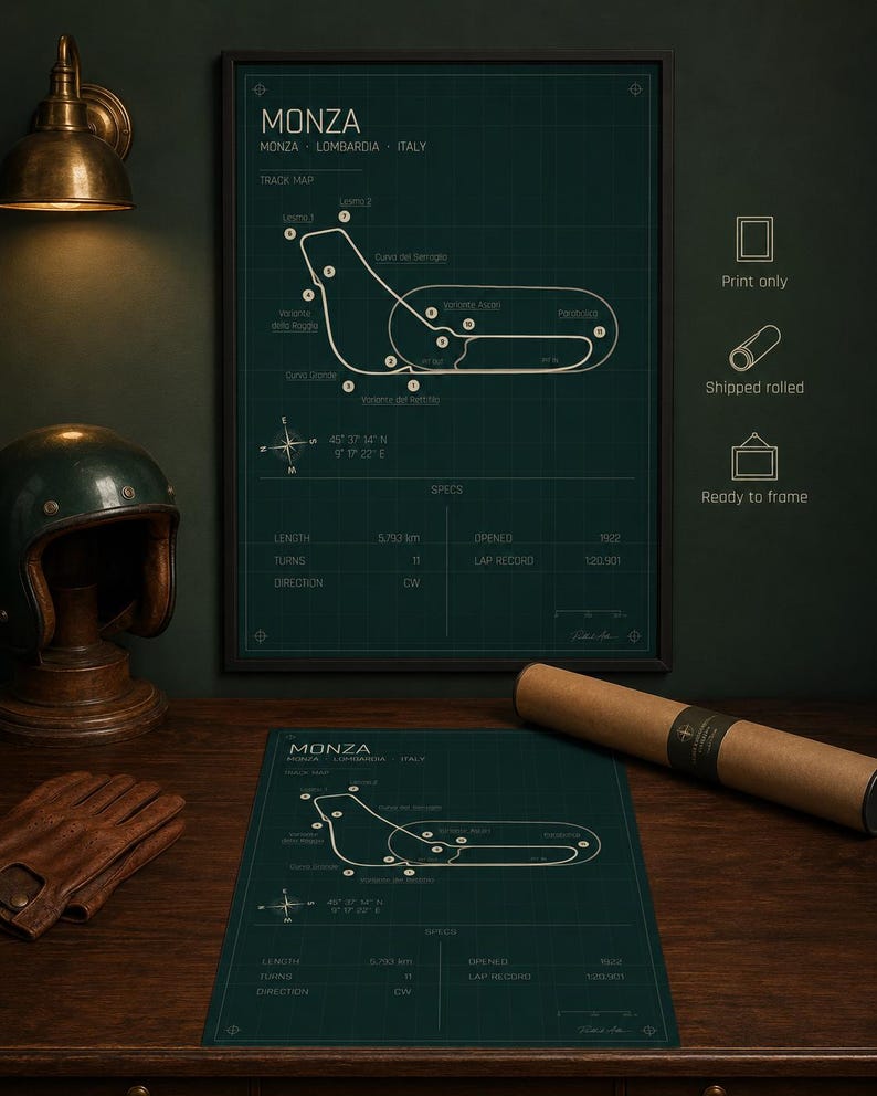 Op de afbeelding: Een ingelijste en opgerolde print van het Monza-racecircuit in Itali&euml;, met een circuitkaart en specificaties. De tekst bevat "MONZA" en "TRACK MAP". De lengte van het circuit is 5,793 km.