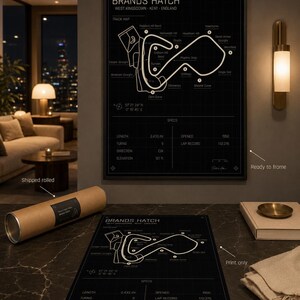 May include: A black and white Brands Hatch track map print, with the track layout and specifications. The print includes the text "Brands Hatch West Kingsdown - Kent - England". The print is available ready to frame or shipped rolled.