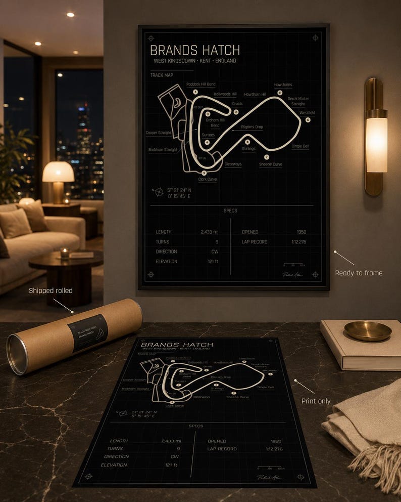 May include: A black and white Brands Hatch track map print, with the track layout and specifications. The print includes the text "Brands Hatch West Kingsdown - Kent - England". The print is available ready to frame or shipped rolled.