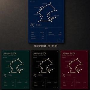 May include: A collection of four framed prints featuring the Laguna Seca racetrack map. The prints are in various color schemes: blue, green, black, and red. Each print includes track details, such as length, turns, and elevation, with the text "Blueprint Edition", "Heritage Edition", "Midnight Edition", and "Rosso Edition".