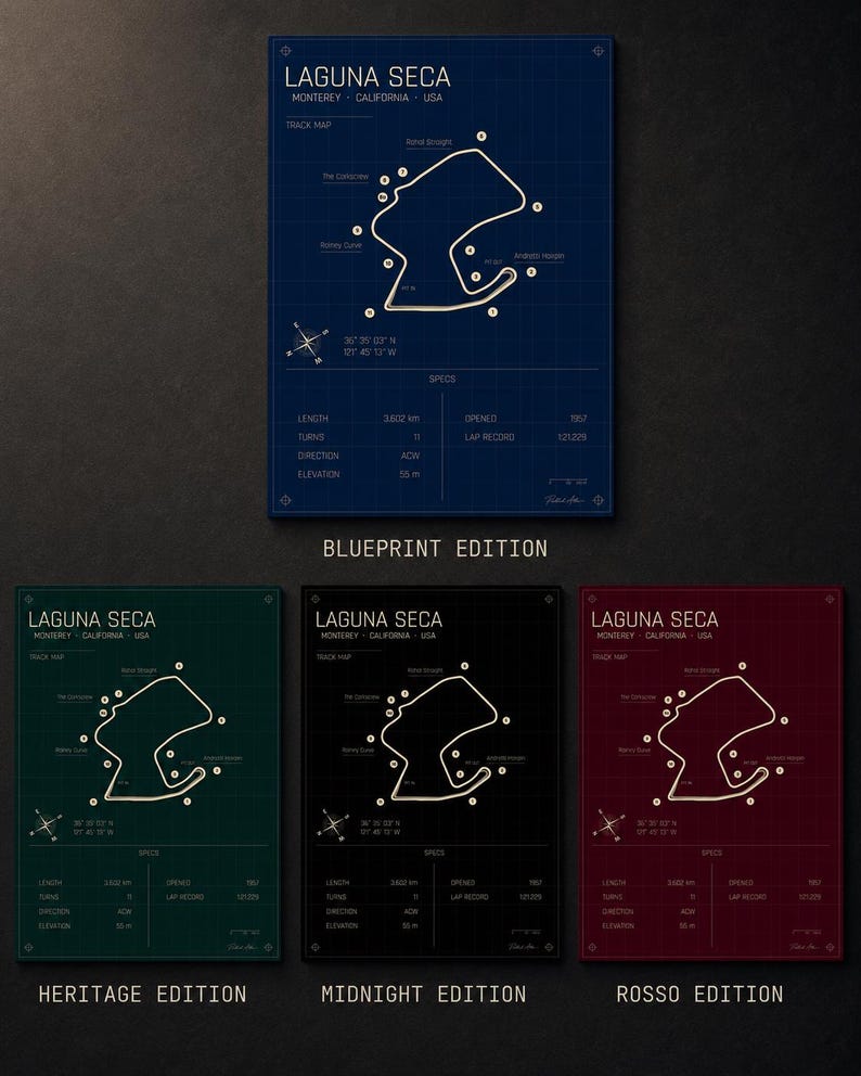 May include: A collection of four framed prints featuring the Laguna Seca racetrack map. The prints are in various color schemes: blue, green, black, and red. Each print includes track details, such as length, turns, and elevation, with the text "Blueprint Edition", "Heritage Edition", "Midnight Edition", and "Rosso Edition".