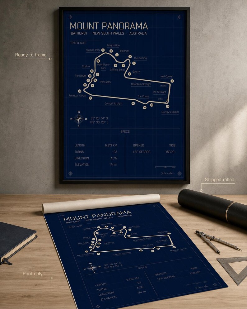May include: A framed Mount Panorama race track map print in navy blue, with white lines and text. The print includes track details, specs, and the text "Mount Panorama Bathurst New South Wales Australia". A rolled print of the same map is also shown.