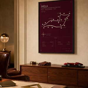 May include: A framed Imola race track map in a dark burgundy color, with white lines and text. The track map is displayed above a wooden cabinet with a red race car model. The text on the map includes "IMOLA" and "TRACK MAP".
