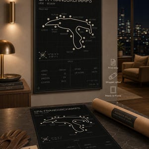 Pode incluir: Impress&atilde;o em preto e branco do mapa da pista de Spa-Francorchamps. A impress&atilde;o inclui o layout da pista, a localiza&ccedil;&atilde;o e as especifica&ccedil;&otilde;es. Uma impress&atilde;o enrolada e uma impress&atilde;o emoldurada s&atilde;o exibidas.