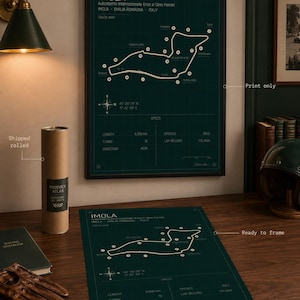 May include: A framed dark teal print of the Imola race track in Italy, with white lines and text. The print includes track details and specifications. A second print lies on a wooden surface. The text on the print reads "IMOLA".