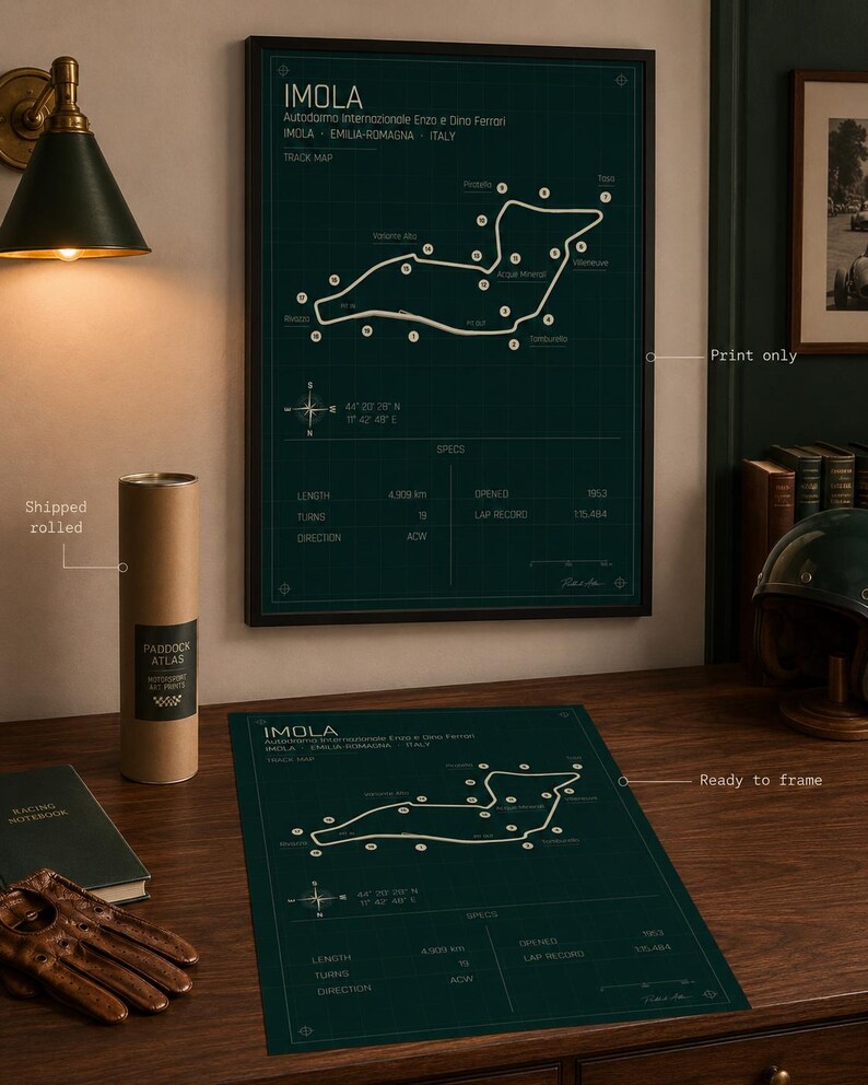 May include: A framed dark teal print of the Imola race track in Italy, with white lines and text. The print includes track details and specifications. A second print lies on a wooden surface. The text on the print reads "IMOLA".