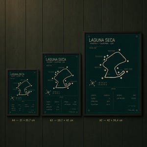 May include: Three framed prints of the Laguna Seca racetrack layout in Monterey, California, USA. The prints are in A4 (8.3 x 11.7 inches), A3 (11.7 x 16.5 inches), and A2 (16.5 x 23.4 inches) sizes. Each print features a green background with a white track map and text.