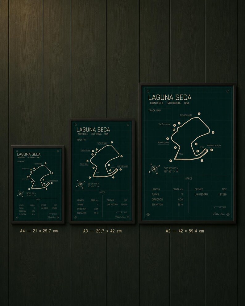 May include: Three framed prints of the Laguna Seca racetrack layout in Monterey, California, USA. The prints are in A4 (8.3 x 11.7 inches), A3 (11.7 x 16.5 inches), and A2 (16.5 x 23.4 inches) sizes. Each print features a green background with a white track map and text.