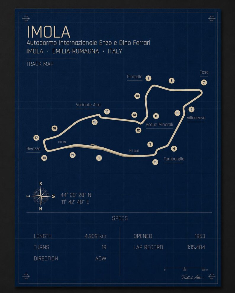 May include: A blueprint-style track map of the Imola race circuit, featuring the Autodromo Internazionale Enzo e Dino Ferrari in Italy. The map includes track details, turn numbers, and specs such as length (4.909 km), turns (19), and the lap record.