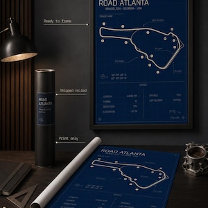 May include: A blueprint-style print of Road Atlanta, Braselton, Georgia, USA, with track map details. The print is available framed or rolled, with specifications including length, turns, and elevation. The print is ready to frame.