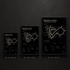May include: Three framed black and white prints of the Brands Hatch race track map. The prints are labeled A4 (8.3 x 11.7 inches), A3 (11.7 x 16.5 inches), and A2 (16.5 x 23.4 inches). Each print includes track details.