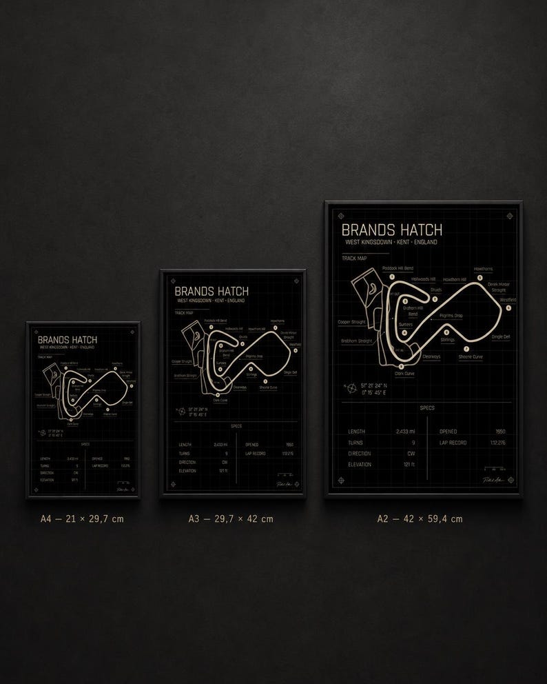 May include: Three framed black and white prints of the Brands Hatch race track map. The prints are labeled A4 (8.3 x 11.7 inches), A3 (11.7 x 16.5 inches), and A2 (16.5 x 23.4 inches). Each print includes track details.