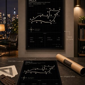 May include: Black and white track map print of the Imola race circuit, with detailed specifications. The print includes the track layout, length (4.909 km), and other data. The print is ready to frame.