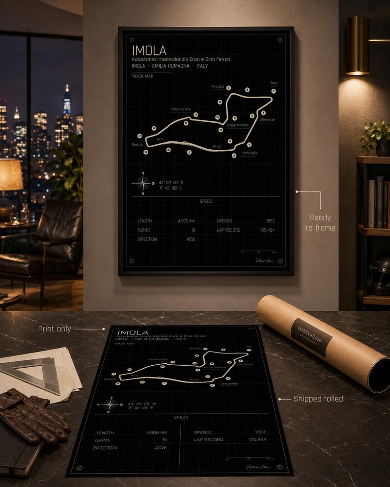 May include: Black and white track map print of the Imola race circuit, with detailed specifications. The print includes the track layout, length (4.909 km), and other data. The print is ready to frame.