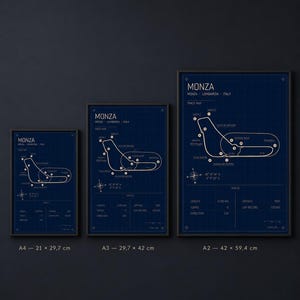 Op de afbeelding: Drie ingelijste prints van de Monza racecircuitkaart in blauw en wit. De prints zijn gelabeld A4 (21 x 29,7 cm), A3 (29,7 x 42 cm) en A2 (42 x 59,4 cm). Elke print bevat de tracknaam, specificaties en afmetingen.