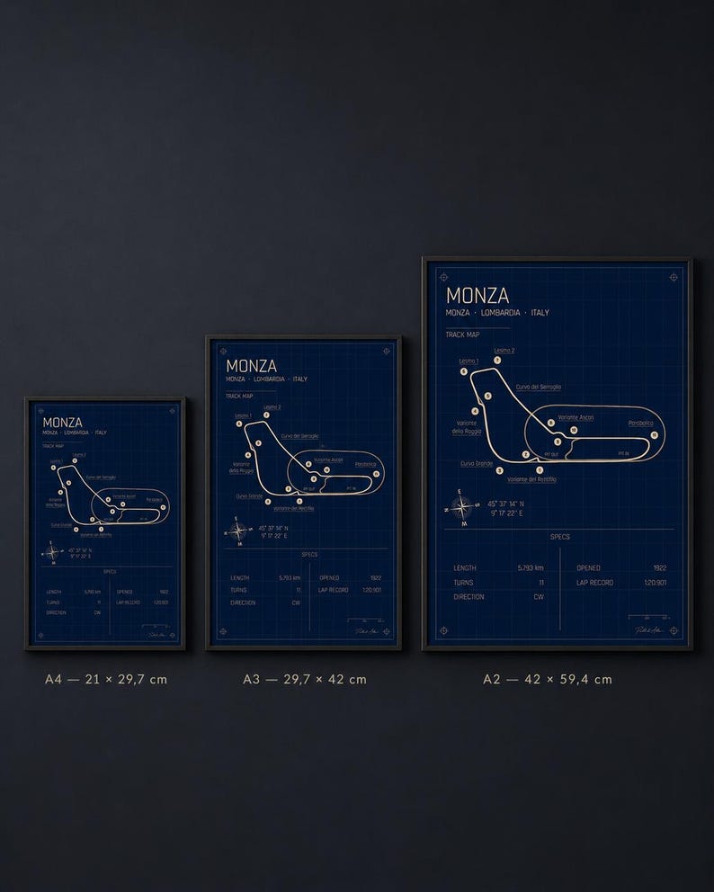 Op de afbeelding: Drie ingelijste prints van de Monza racecircuitkaart in blauw en wit. De prints zijn gelabeld A4 (21 x 29,7 cm), A3 (29,7 x 42 cm) en A2 (42 x 59,4 cm). Elke print bevat de tracknaam, specificaties en afmetingen.