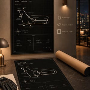 Op de afbeelding: Zwarte, ingelijste Monza-circuitkaartprint. De kaart toont de circuitindeling, met details zoals lengte (5,793 km), bochten (11) en openingsjaar (1922). Verkrijgbaar als print only, opgerold verzonden of klaar om in te lijsten.