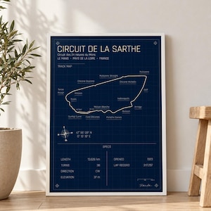 Circuit de la Sarthe Framed Track Map Poster | Ready to Hang Motorsport Engineering Decor | Sim Racing Room & Garage Wall Art