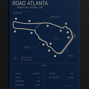 May include: A blueprint-style poster of the Road Atlanta racetrack in Braselton, Georgia, USA. The track map is in white against a dark blue background. Includes track specs: 4.088 km length, 12 turns, and opened in 1970. Features the text "Road Atlanta".