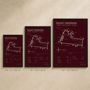 May include: Three framed prints of the Mount Panorama race track in Bathurst, New South Wales, Australia. The prints are in A4 (8.3 x 11.7 inches), A3 (11.7 x 16.5 inches), and A2 (16.5 x 23.4 inches) sizes. Each print features a track map and specifications.