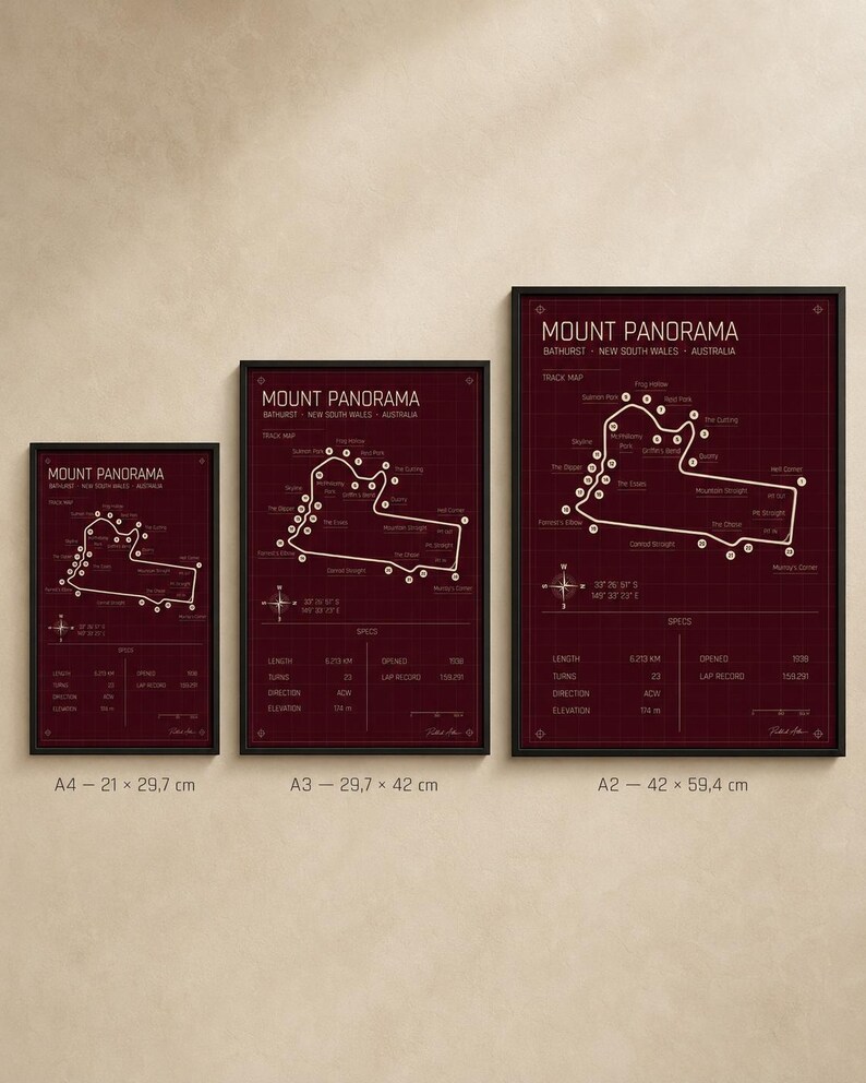 May include: Three framed prints of the Mount Panorama race track in Bathurst, New South Wales, Australia. The prints are in A4 (8.3 x 11.7 inches), A3 (11.7 x 16.5 inches), and A2 (16.5 x 23.4 inches) sizes. Each print features a track map and specifications.