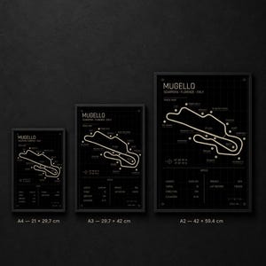 May include: Three framed black and white track maps of the Mugello circuit in Scarperia, Florence, Italy. The maps are labeled A4 (8.3 x 11.7 inches), A3 (11.7 x 16.5 inches), and A2 (16.5 x 23.4 inches). Each map includes track details.
