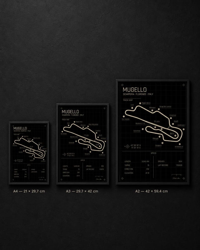 May include: Three framed black and white track maps of the Mugello circuit in Scarperia, Florence, Italy. The maps are labeled A4 (8.3 x 11.7 inches), A3 (11.7 x 16.5 inches), and A2 (16.5 x 23.4 inches). Each map includes track details.
