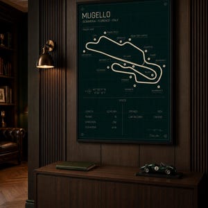 May include: A framed track map of the Mugello circuit in Scarperia, Florence, Italy, with a dark green background and white track lines. The map includes specifications such as length, turns, and elevation. A green model car sits on a wooden cabinet below.
