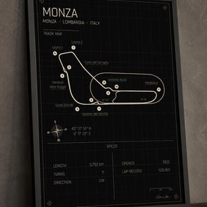Op de afbeelding: Zwart ingelijste Monza racecircuit kaart poster. De kaart is in witte lijnen op een zwarte achtergrond. De poster bevat circuitdetails, locatie en specificaties. De tekst "MONZA" staat bovenaan.
